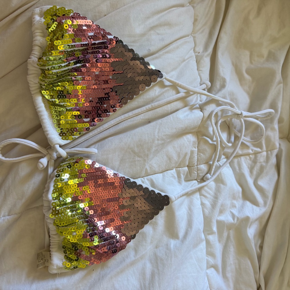 Victorias Secret Sequin Triangle Bikini Top in Multicolor (Pink/Gold/Green)